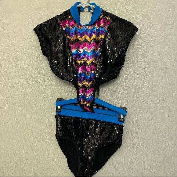 Glamour solo dance costume 2 piece style chevron rainbow black sequin Leotard SA - Picture 2 of 12